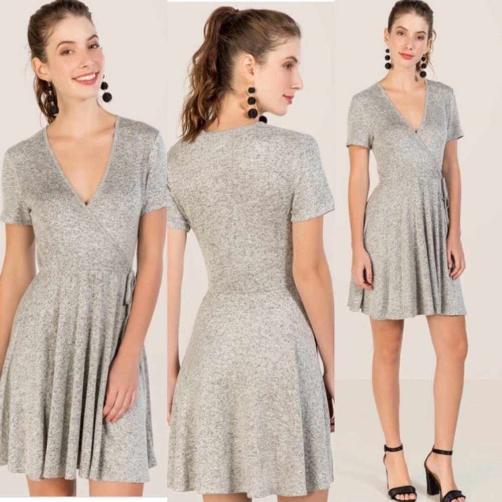 Alya Heathered Gray Short Sleeve Wrap Dress